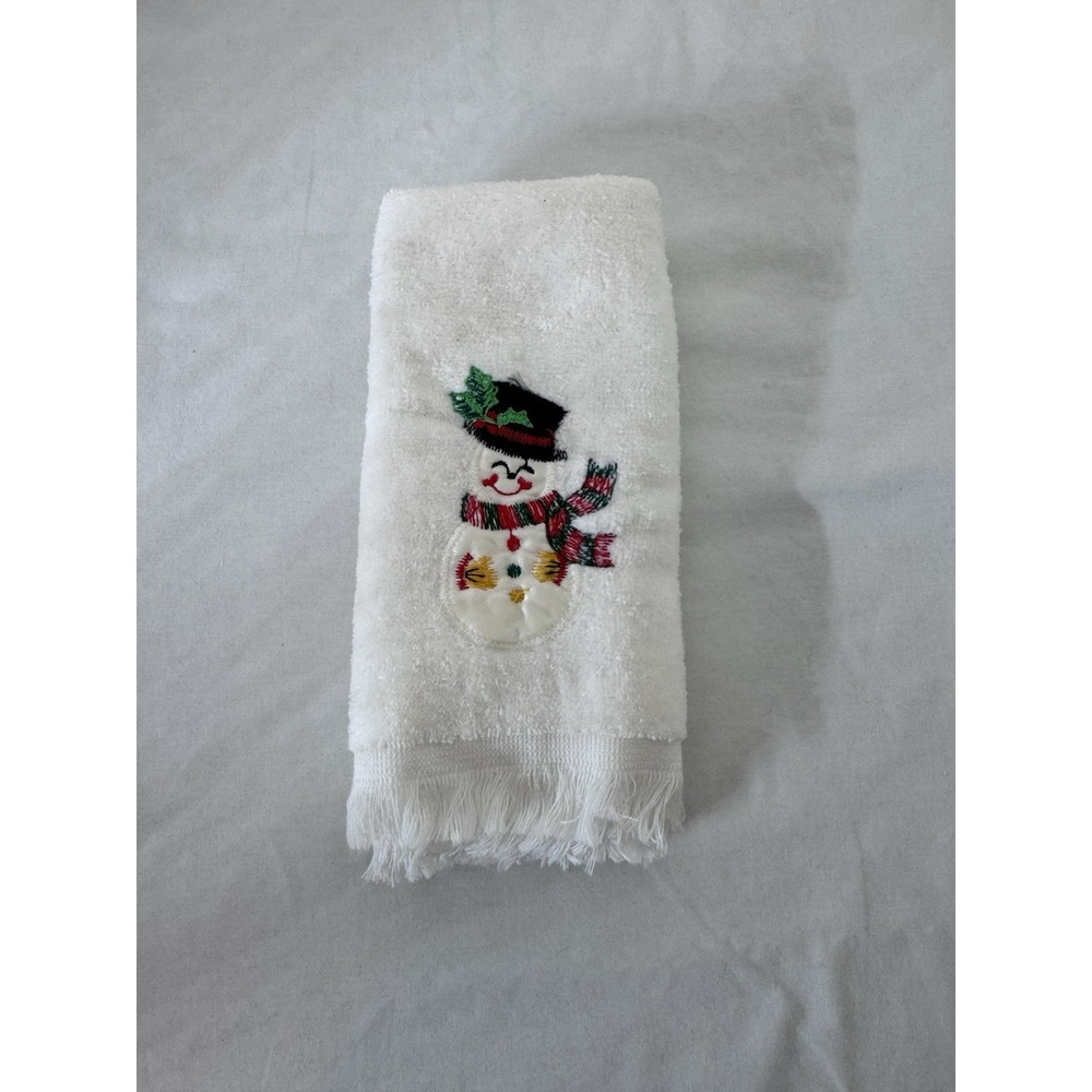 Vintage Cannon Christmas Fingertip Hand Towel Snowman Embroidered White Made USA
